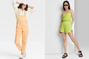 A model in orange overalls on the left and a model in lime green shorts on the right