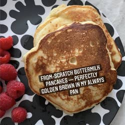 My photo of pancakes made in the pan with text 