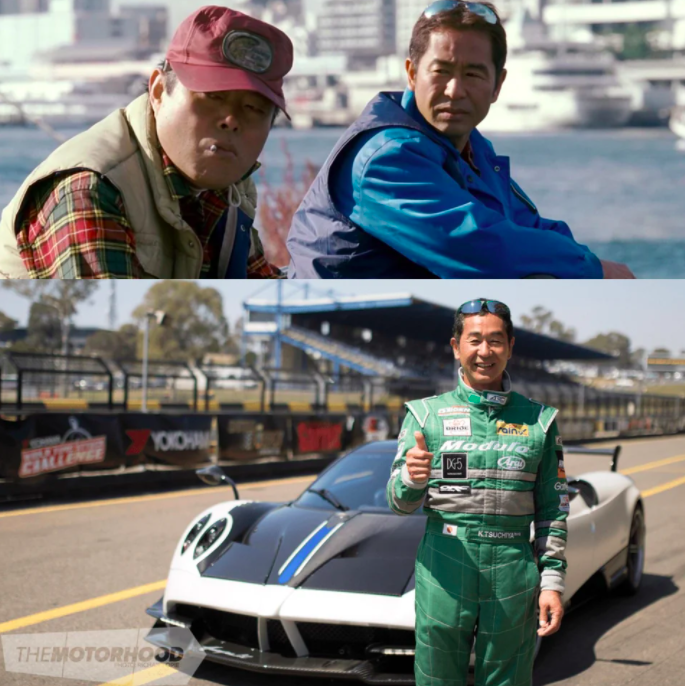 Tsuchiya in Tokyo Drift and in real life smiling with a thumbs up on a race track