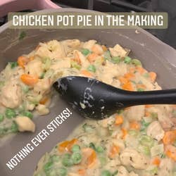 Maitland Quitmeyer making the filling for a chicken pot pie with text 