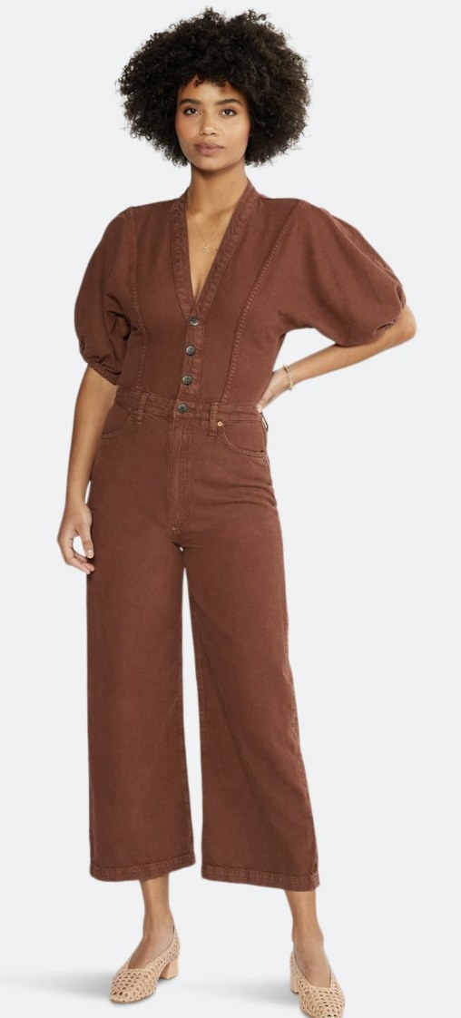model wearing the jumpsuit in rust