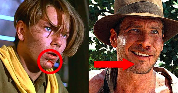 Young Indiana Jones with a new, bleeding mark on his chin, and older Indiana Jones with a full scar