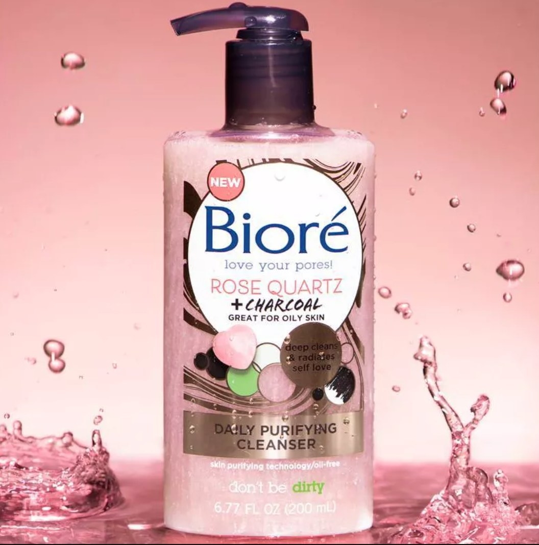 Biore rose quartz cleanser near pink liquid drops