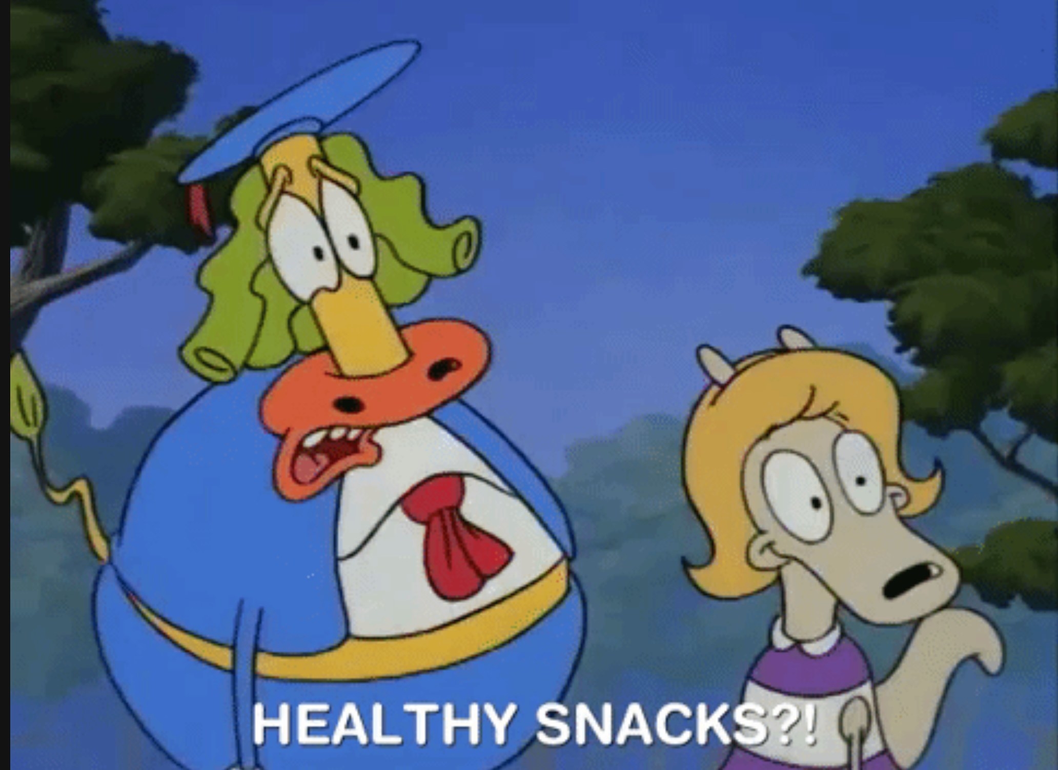 Character saying healthy snacks?