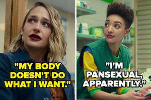 Stills from Sex Education show Hope and Ola separately one caption reads my body doesn't do what i want and the other caption reads im pansexual apparently
