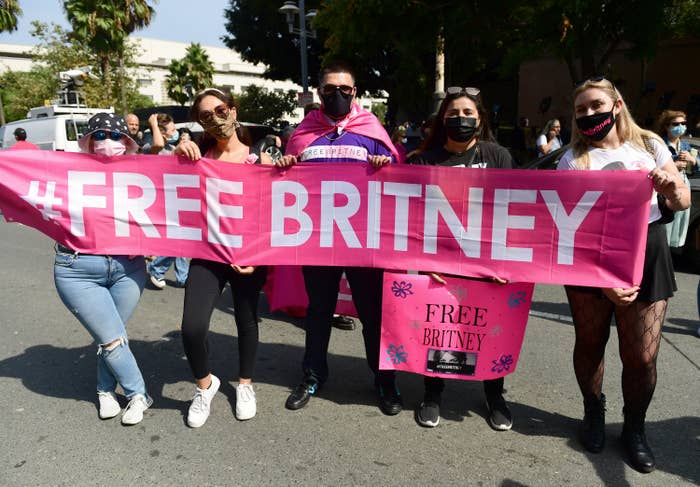 Masked fans holding a &quot;Free Britney&quot; sign