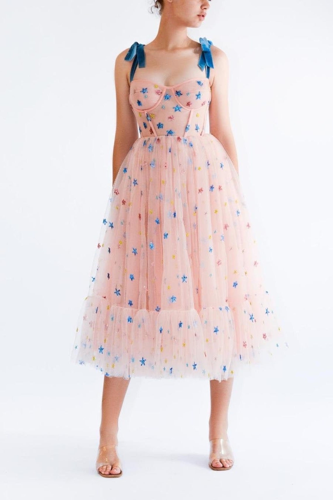 pink dress with blue stars