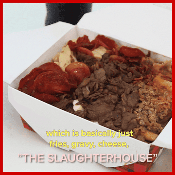 GIF of a box of poutine that is covered in various meats