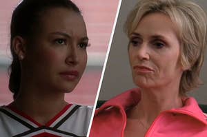 A close up of Santana Lopez as she glares at someone off screen and a close up of Sue Sylvester as she purses her lips