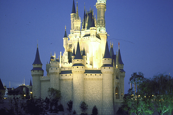 Cinderella's Castle lit up at night and reflected in an artificial stream at Disney World