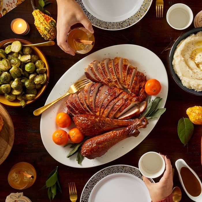 Top down image of holiday meal on table