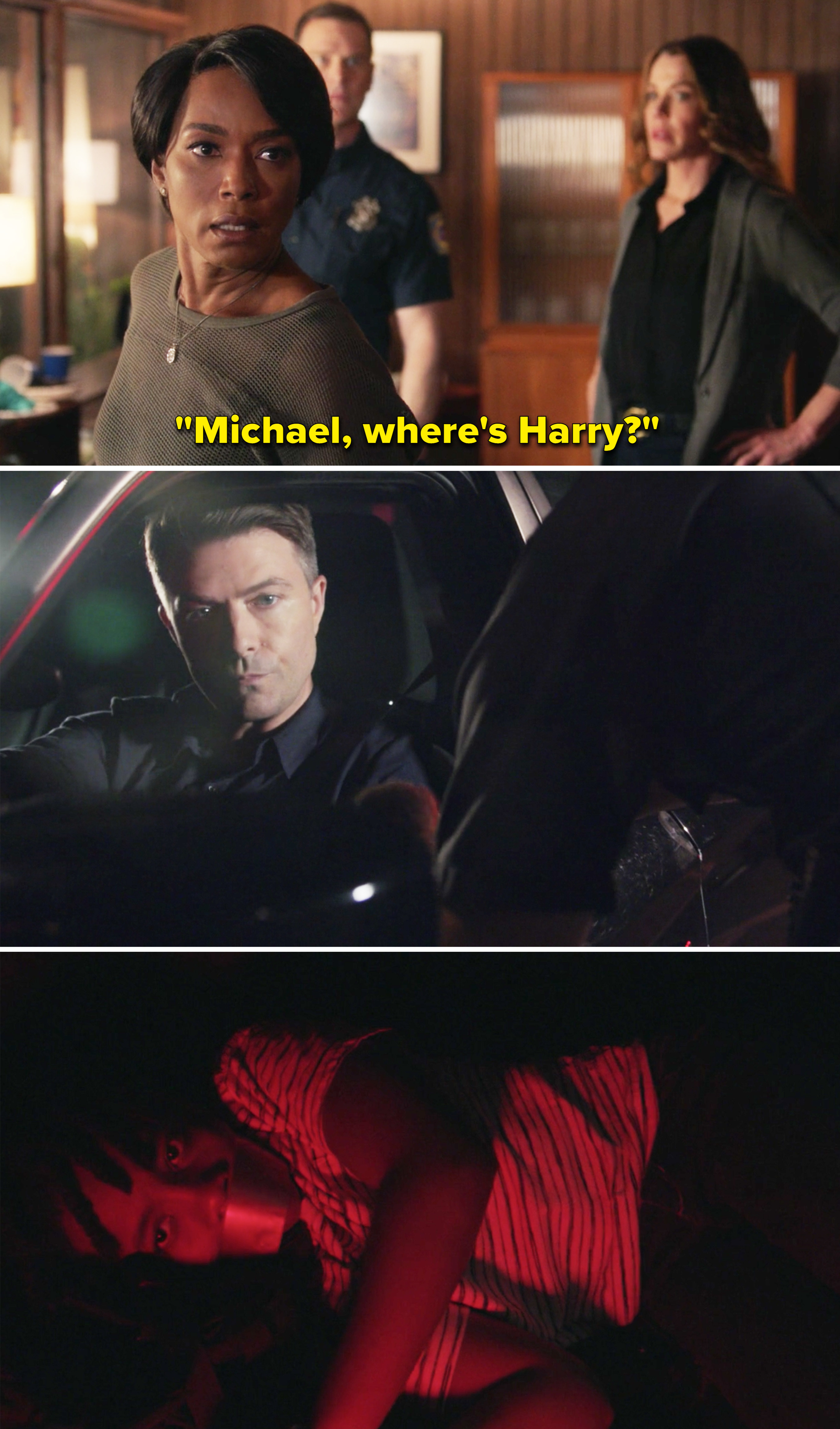 Athena saying, &quot;Michael, where&#x27;s Harry?&quot; and we see Harry tied up in the trunk of Hudson&#x27;s car