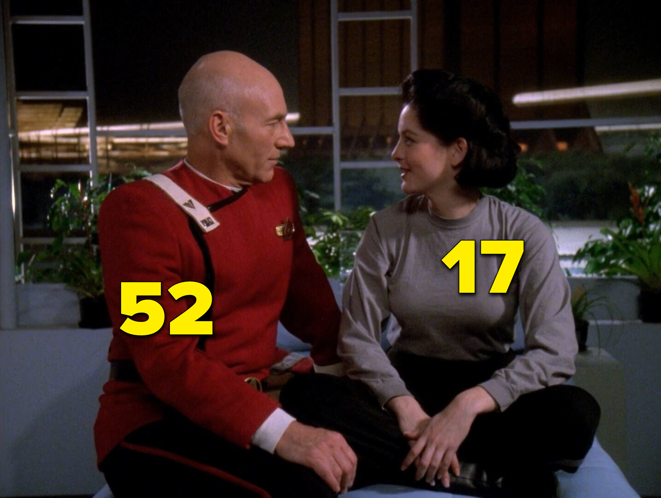 Patrick Stewart and J.C. Brandy looking at each other romantically in &quot;Star Trek&quot;