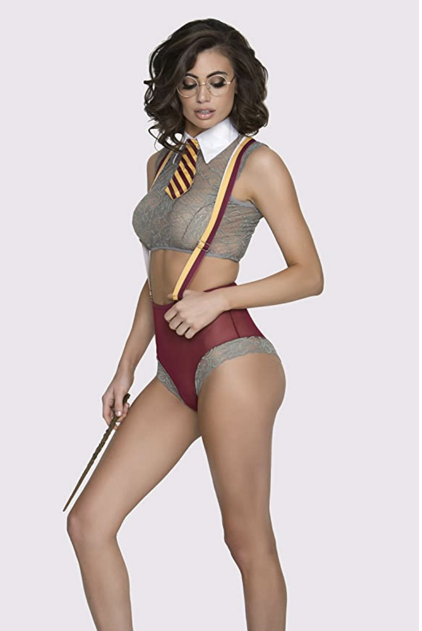 Lacy underwear with a Gryffindor tie and braces