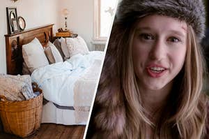 A bed sits next to a basket of blankets and a close up of Violet Harmon from "AHS: Murder House"