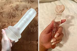 A split photo of a transparent masturbator and a glass dildo with a heart on the end