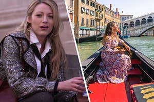 Serena van der Woodsen sits on the steps of the MET and a woman sits in a long boat on a river in Venice