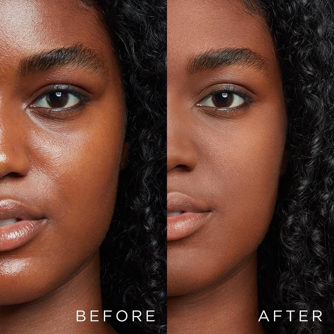 a before and after where the after shows a model&#x27;s skin that is mattified and soft-looking