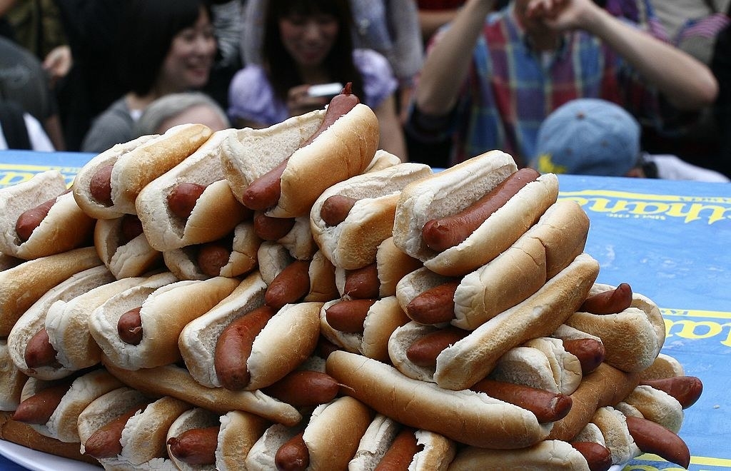 A huge stack of hot dogs at Nathan&#x27;s Famous Hot Dog Eating contest