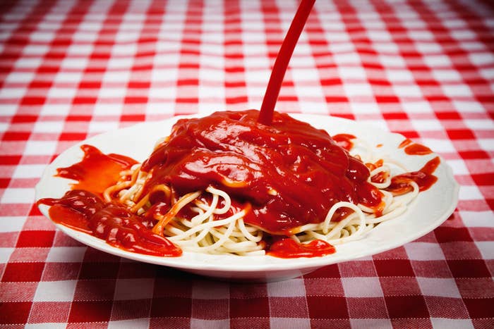 Spaghetti topped with a ton of ketchup