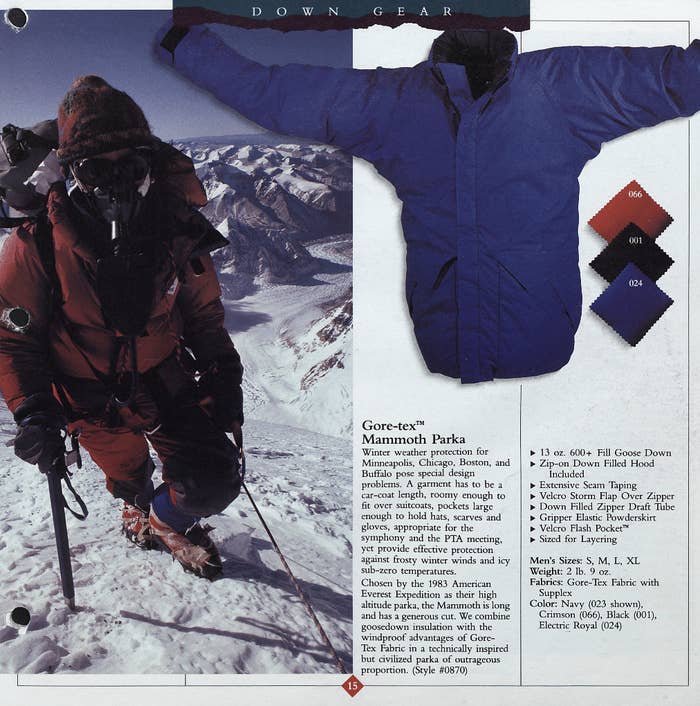 A print ad for the Mammoth parka from the late 1980s featuring a skiier.