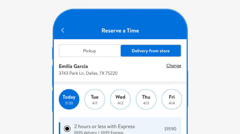Walmart+ app screen showing delivery windows