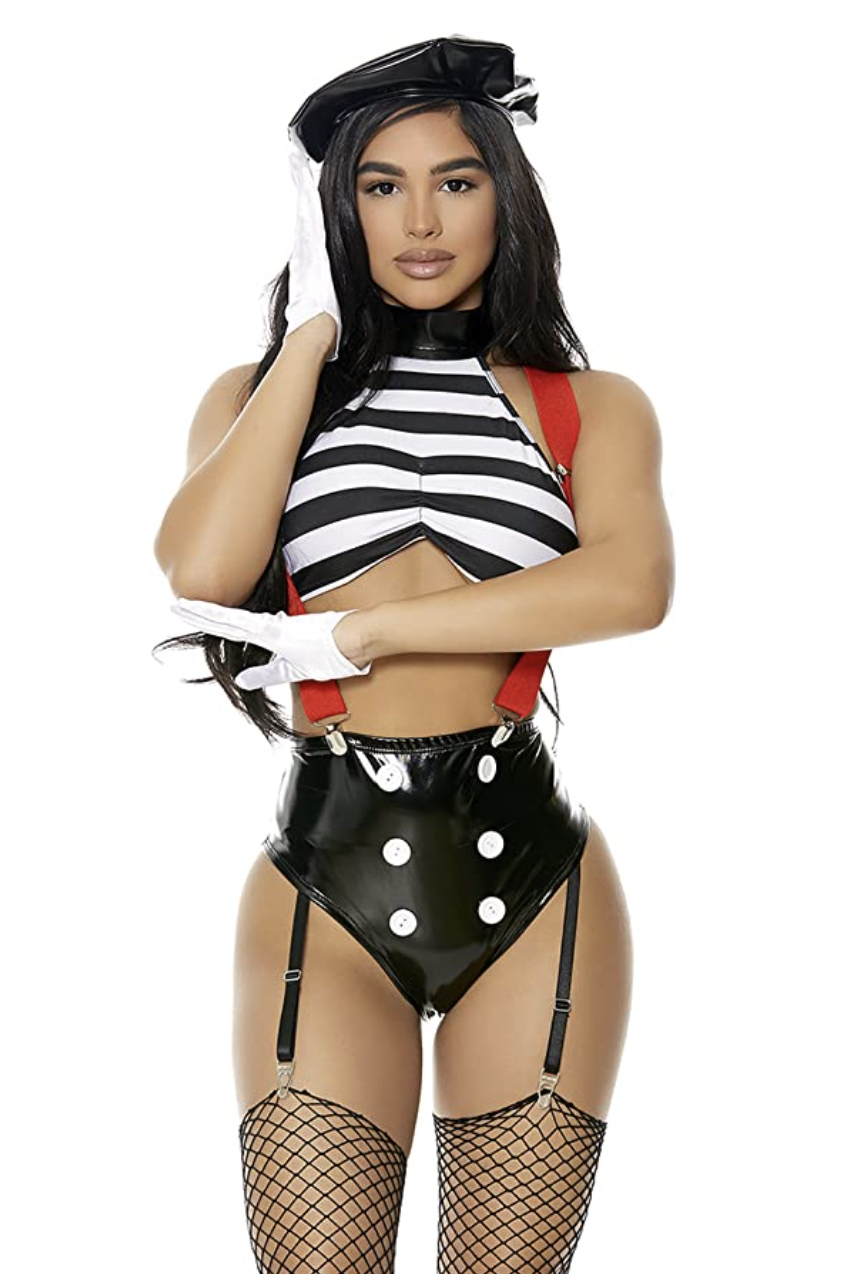 Latex buttoned hot pants with a striped crop top