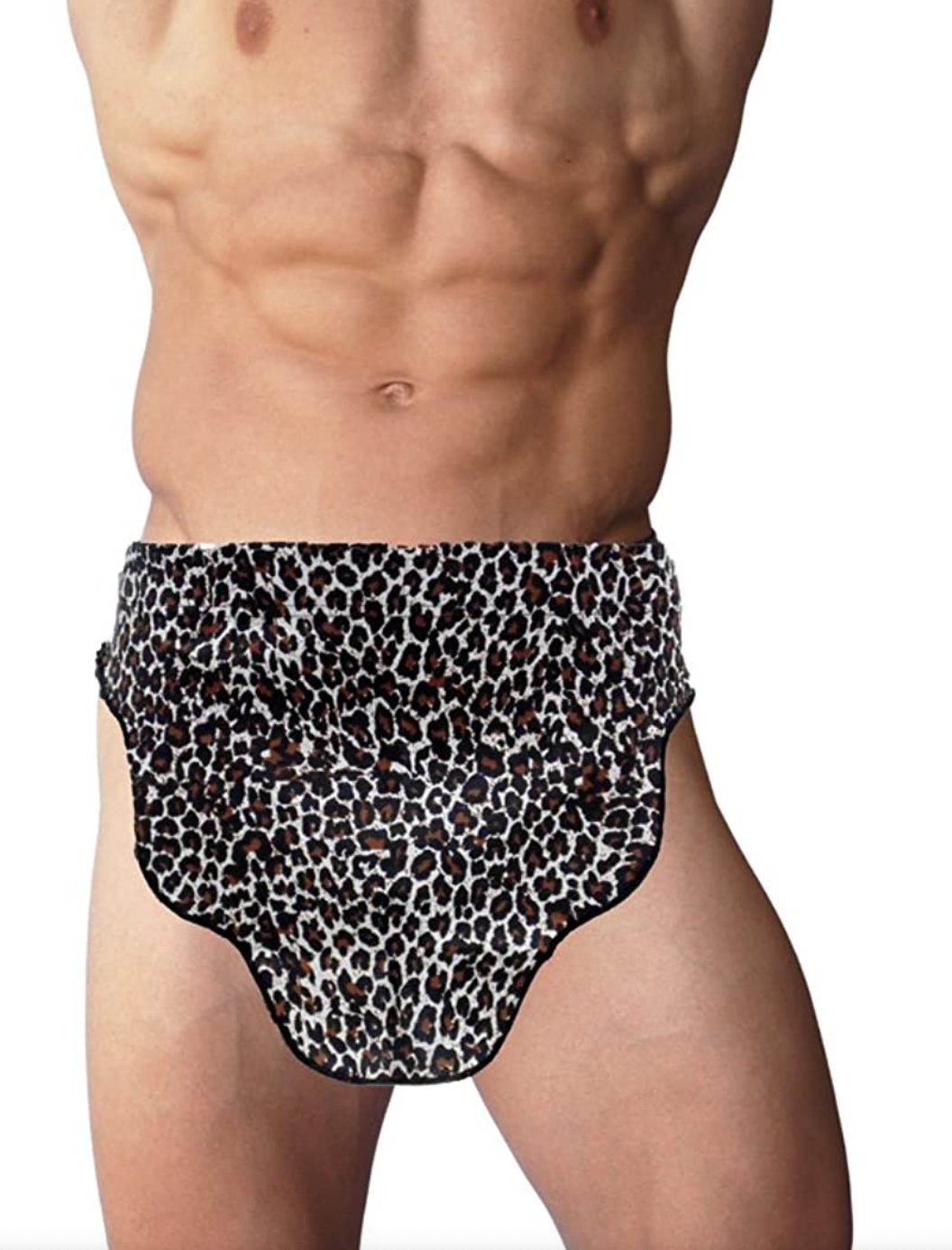 A piece of leopard print cloth covering a man&#x27;s crotch