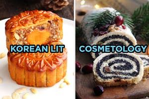 On the left, two mooncakes stacked on top of each other labeled Korean lit, and on the right, a poppy seed roll labeled cosmetology