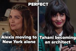 Alexis moving to New York alone on SChitt's Creek and Tahani becoming an architect on The Good Place both labeled (perfect)