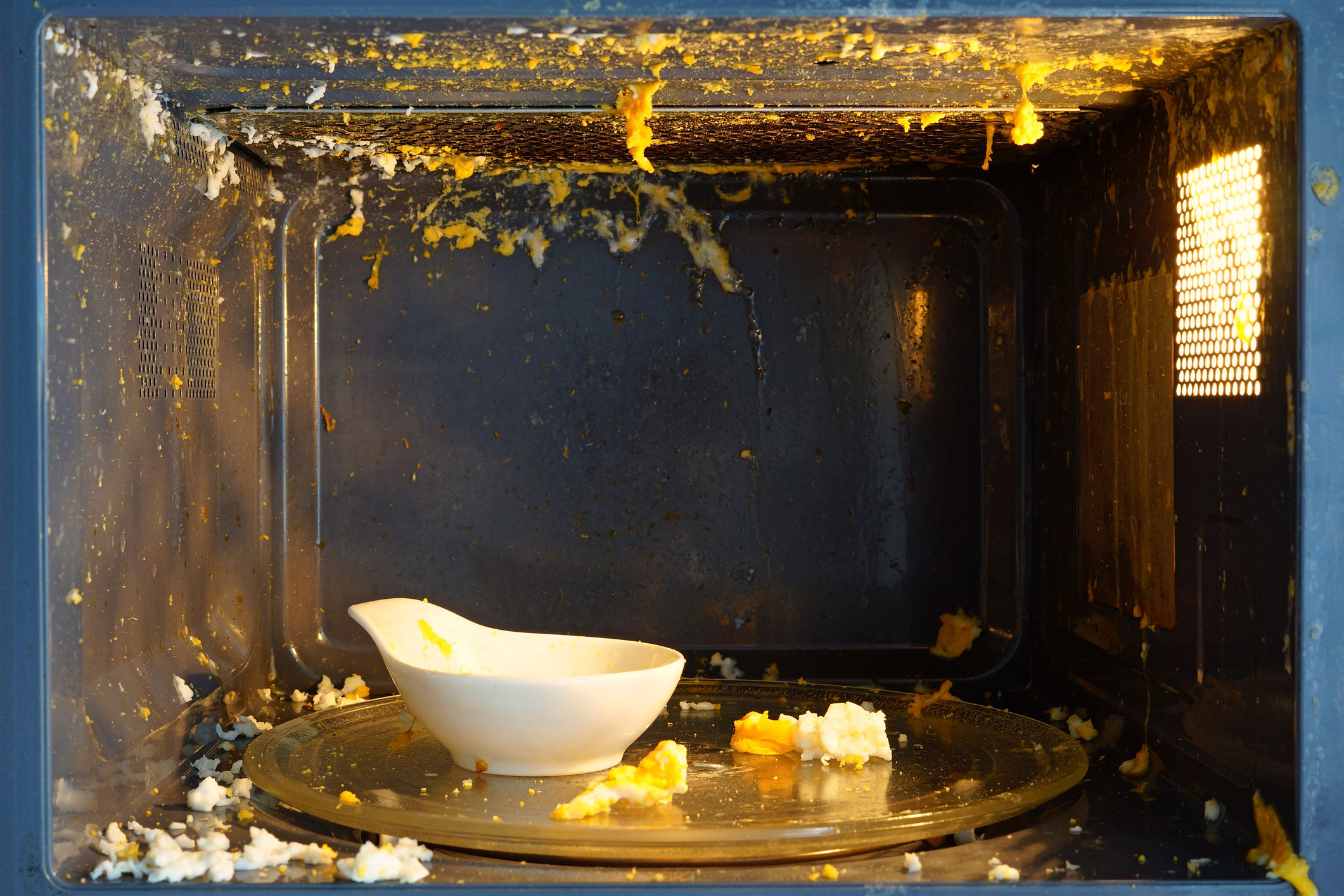 An exploded egg in a microwave