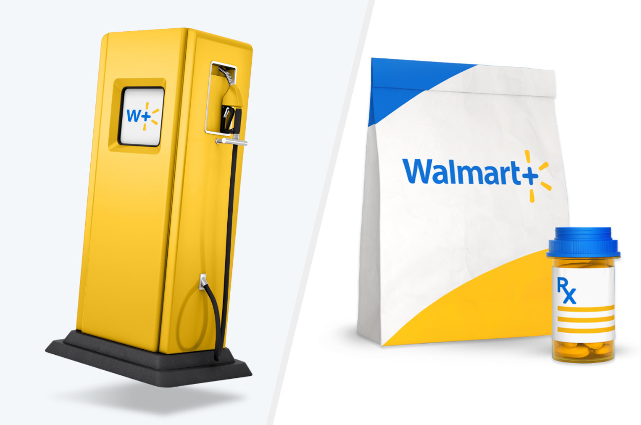 Split image of yellow gas station pump and prescription bag and bottle
