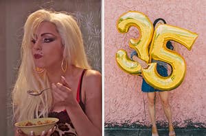 On the left, Lady Gaga eating cereal in an SNL sketch, and on the right, someone holding a 3 balloon and a 5 balloon to their body