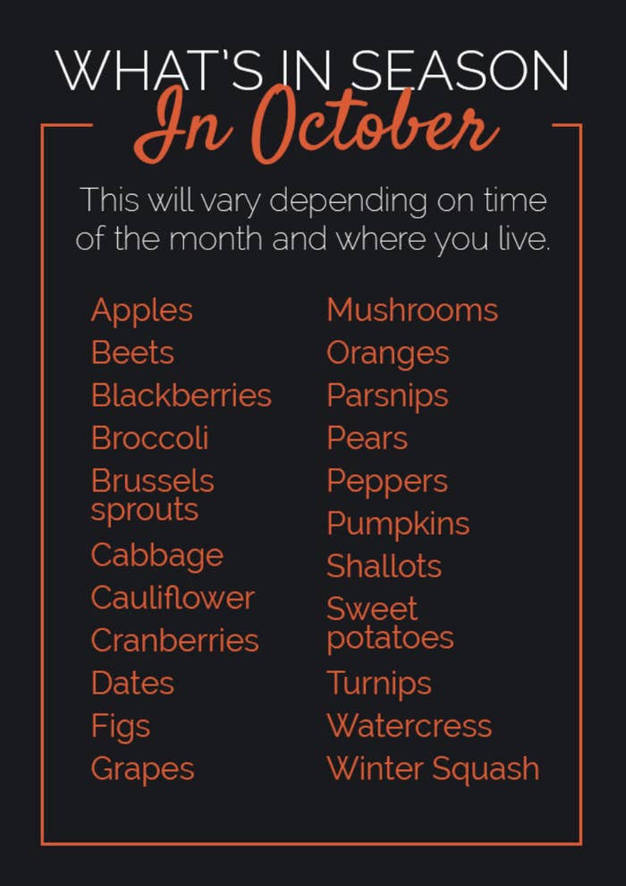 a list of what&#x27;s in season in october, including apples, mushrooms, beets, oranges, blackberries, parsnips, broccoli, pears, brussels sprouts, peppers, cabbage, cauliflower, sweet potatoes, dates, turnips, figs, watercress, grapes, and winter squash