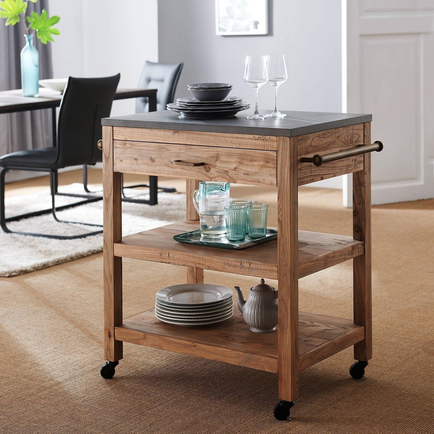 The wood kitchen island with wheels