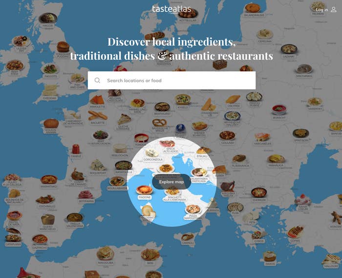 Screenshot of the TasteAtlas website which shows a map of Europe with different food dishes illustrated in different countries