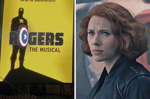 On the left, the poster for Rogers: The Musical from the Hawkeye show trailer, and on the right, Natasha Romanoff