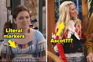 Harper wearing a dress with markers on it on Wizards of Waverly Place and Maddy wearing a sweater with an ascot on Suite Life of Zack and Cody