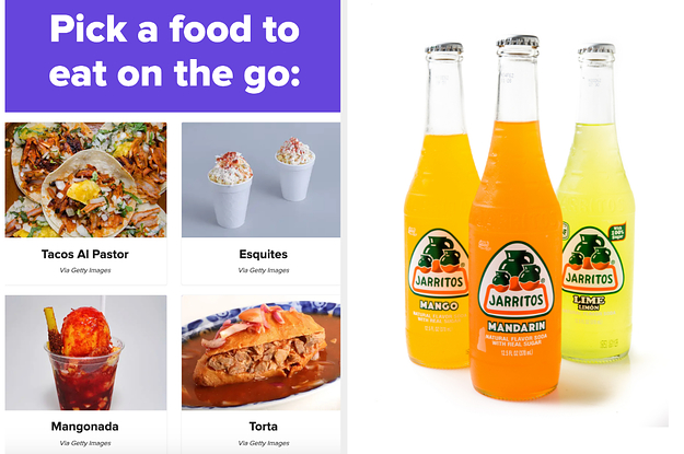 A quiz question asking to pick between four Mexican street foods next to an array of Jarritos bottles