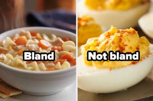 Chicken noodle soup with the word "bland" and a deviled egg and the words "not bland"