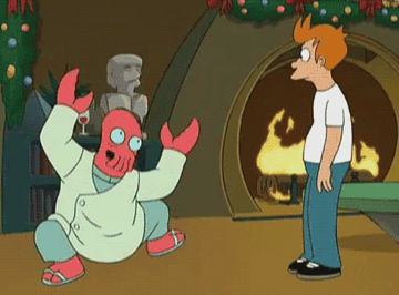 Dr. Zoidberg crab walking in front of the fireplace