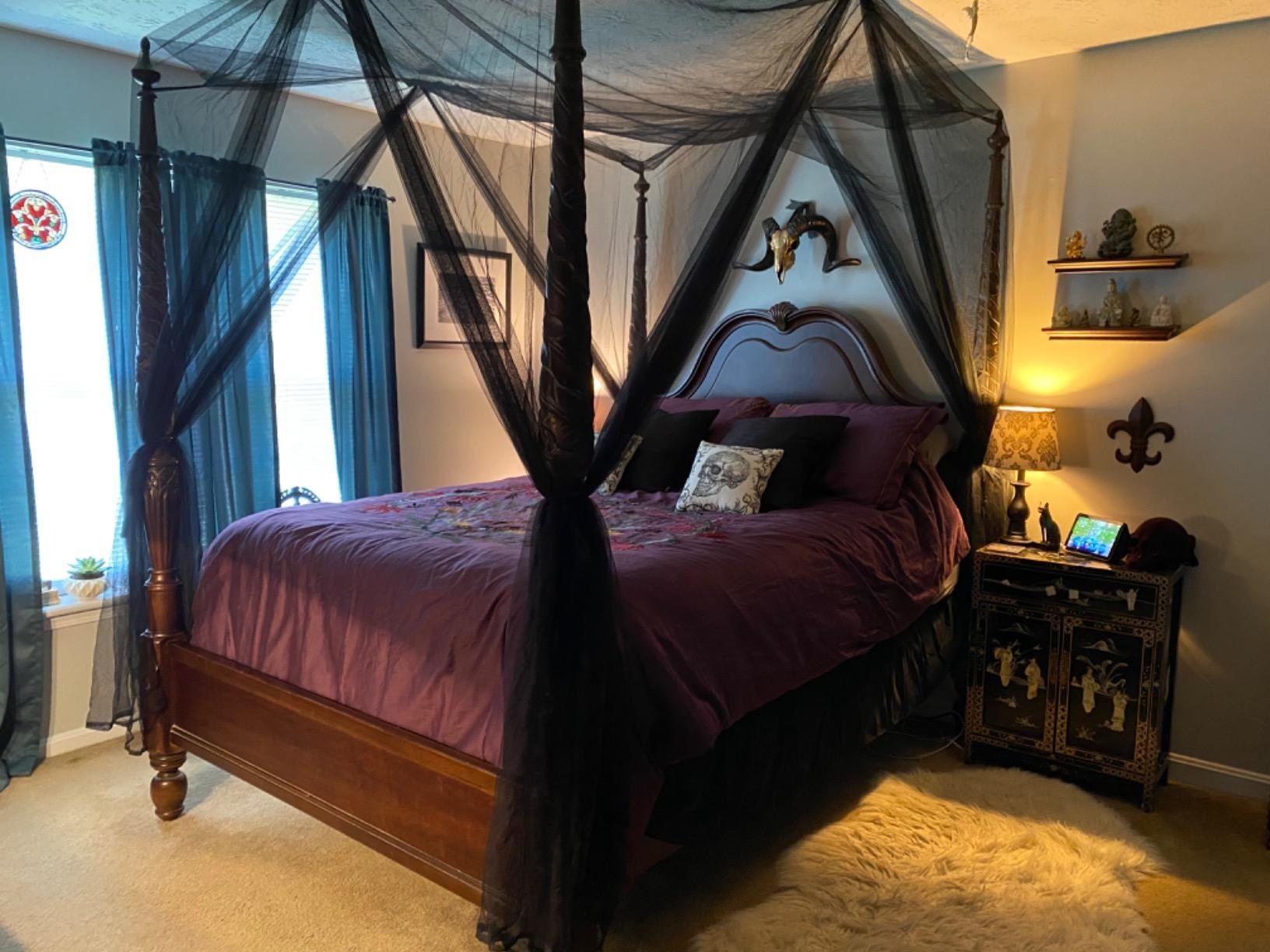 reviewer&#x27;s bed with a black canopy over it