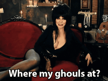 Elvira poses on a chaise lounge while saying &quot;where my ghouls at?&quot;