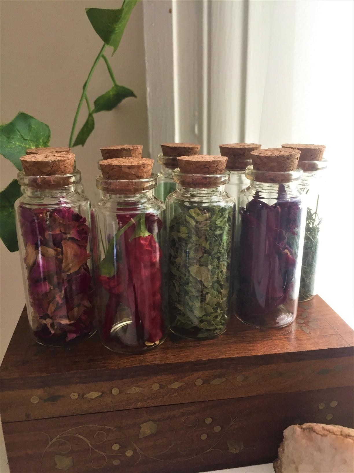 reviewer&#x27;s glass bottles with herbs inside of them