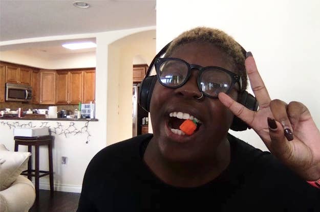 Photo of me eating a pumpkin-shaped candy corn