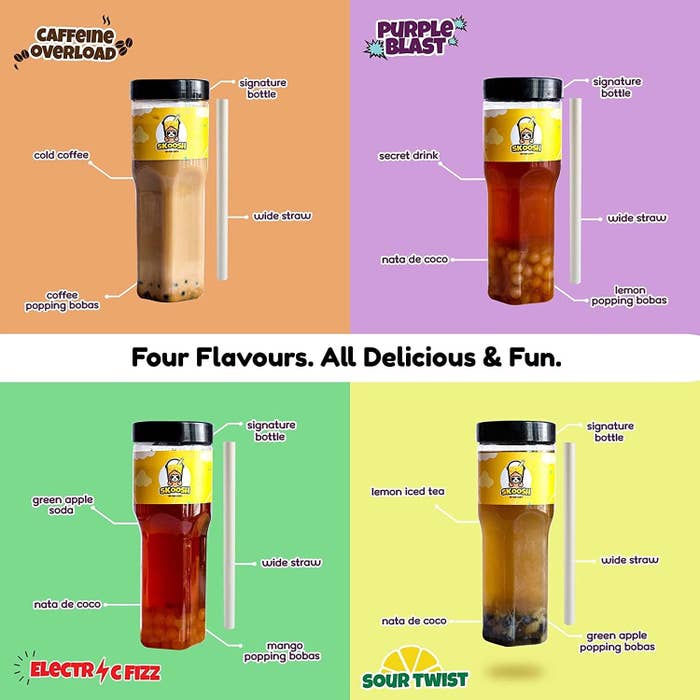 Different types of boba teas with the ingredients mentioned