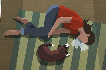 illustration of a woman crying on the floor next to her dog