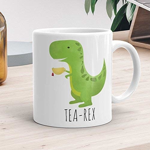 A mug that says &quot;Tea-Rex&quot; with a picture of a t-rex holding a cup of tea
