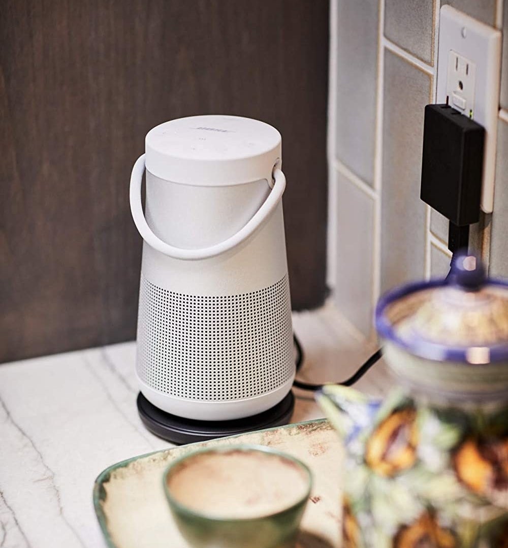 The speaker on a kitchen counter
