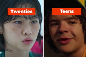 A Squid Game character is on the left labeled, "twenties" and Dustin from "Stranger Things" labeled, "Teens"